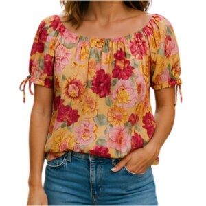 Suzy Shier Plisse Floral Blouse Tied Sleeves Pink Red Yellow Elastic Waistband L